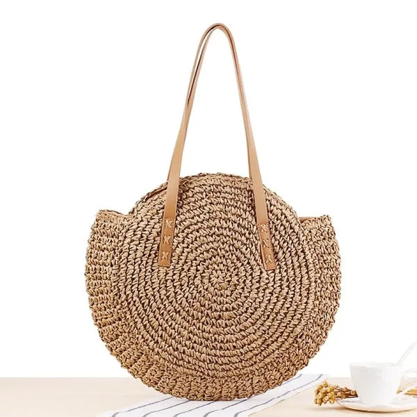 Summer New Fashion Outdoor Circular Beach Straw Braided Woven Beach Bag Travel Sling Bag Tote Bag