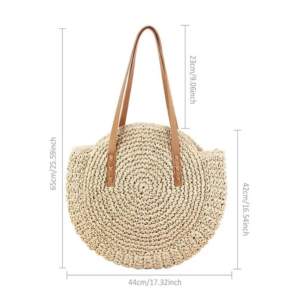 Summer New Fashion Outdoor Circular Beach Straw Braided Woven Beach Bag Travel Sling Bag Tote Bag