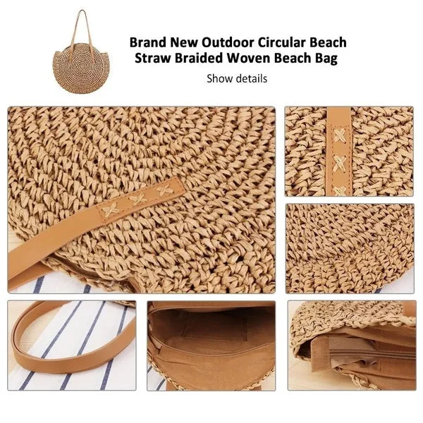 Summer New Fashion Outdoor Circular Beach Straw Braided Woven Beach Bag Travel Sling Bag Tote Bag