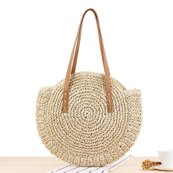 Summer New Fashion Outdoor Circular Beach Straw Braided Woven Beach Bag Travel Sling Bag Tote Bag