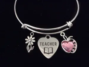 Teacher Pink Apple Daisy Expandable Charm Bracelet Silver Adjustable Wire Bangle Teacher Appreciation Gift Stacking Handmade Trendy School