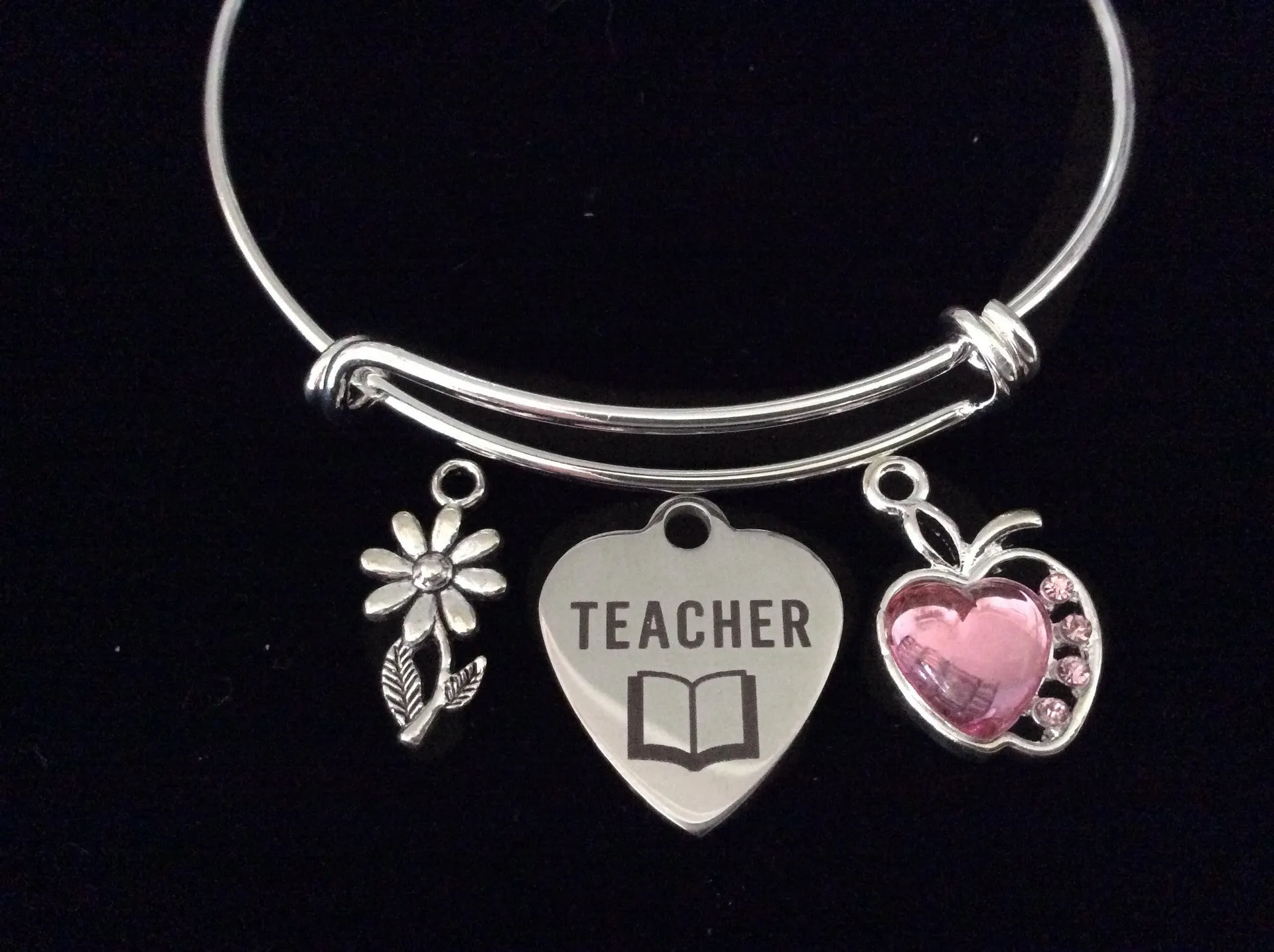 Teacher Pink Apple Daisy Expandable Charm Bracelet Silver Adjustable Wire Bangle Teacher Appreciation Gift Stacking Handmade Trendy School