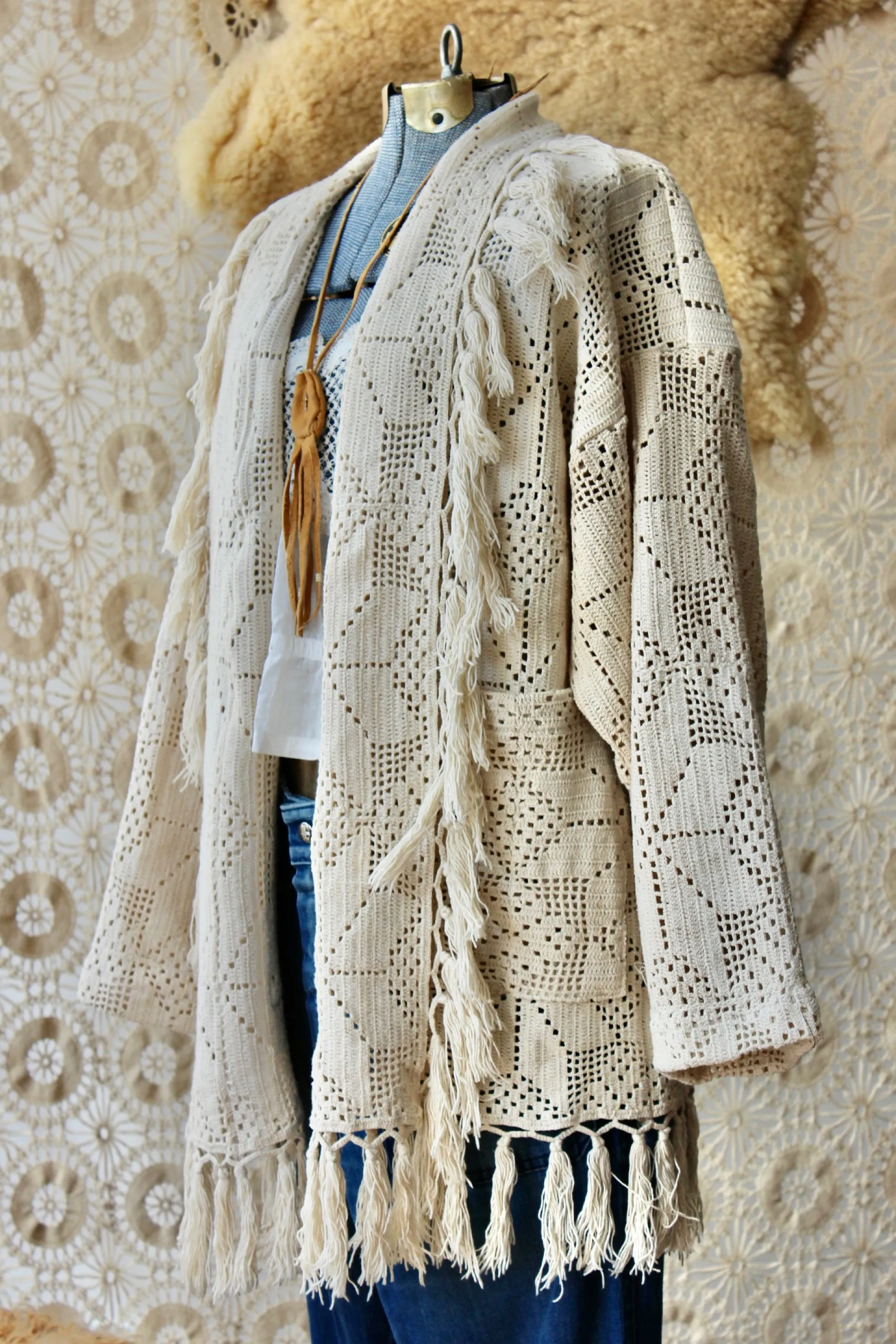 The Highlands Foundry Crochet Shawl Collar Coat THF141