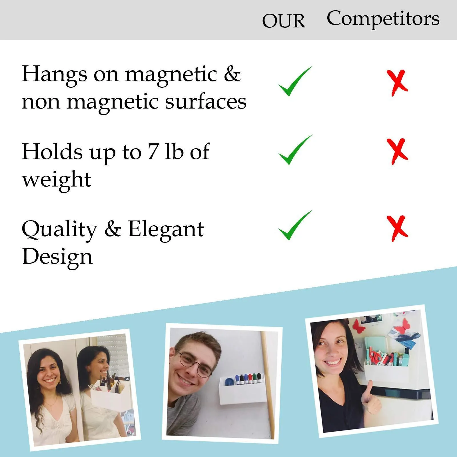 The Most Sturdy Hanging Organizer - with Powerful Suction Cups and 3 Compartments for Storage for Your Locker, Whiteboard, Fridge and Office Accessories