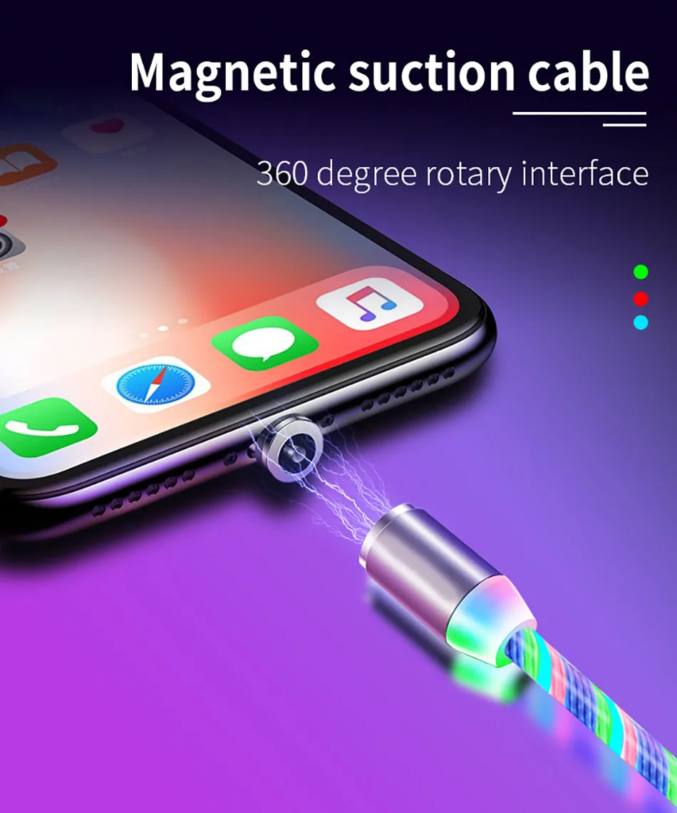 Three Colors Lighting Streamer Magnetic Suction Data Cable 360 Degree Magnetic Suction Data Line Android connector