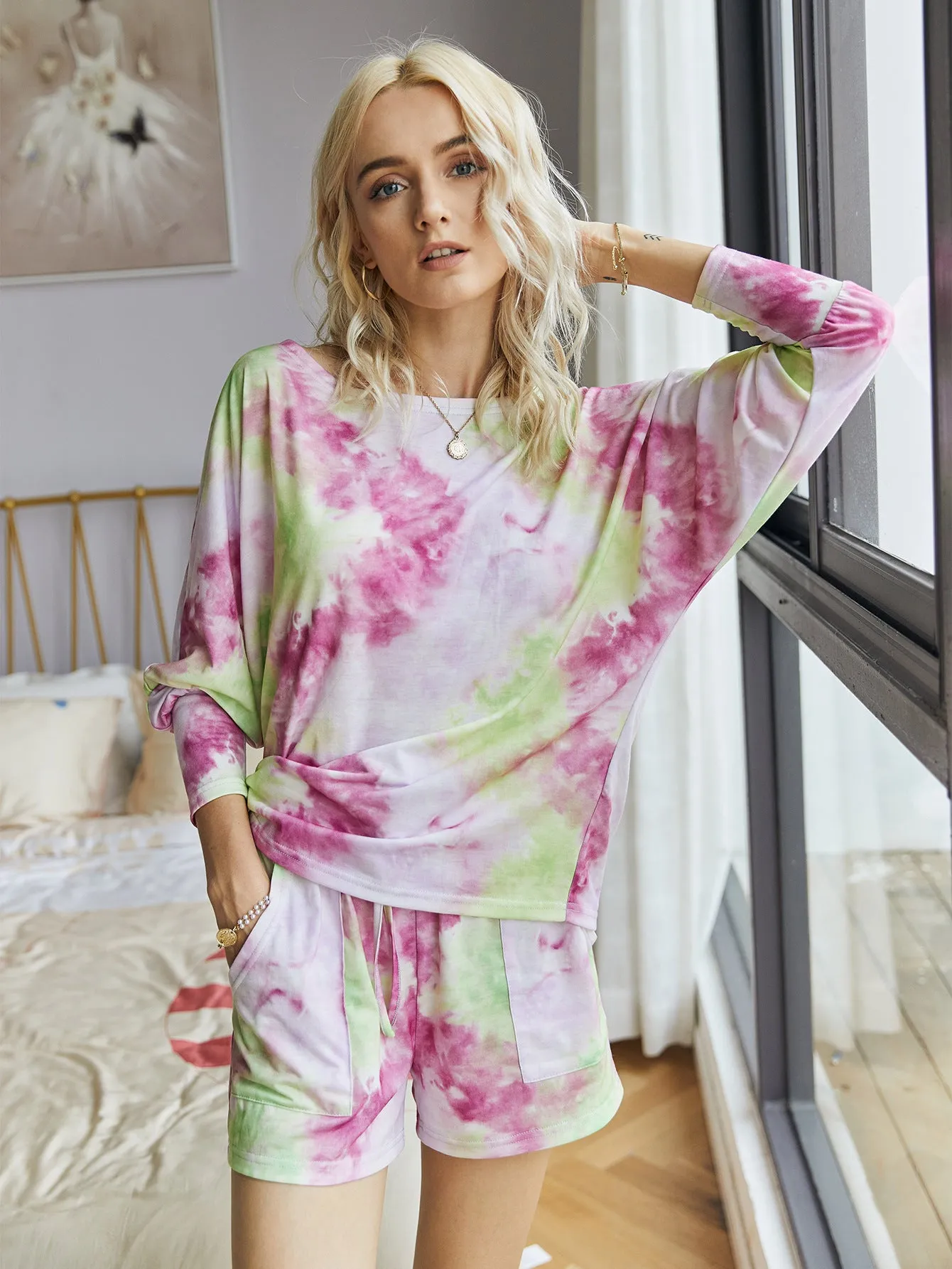Tie-dye Lace-up Casual Loungewear Two-piece Set