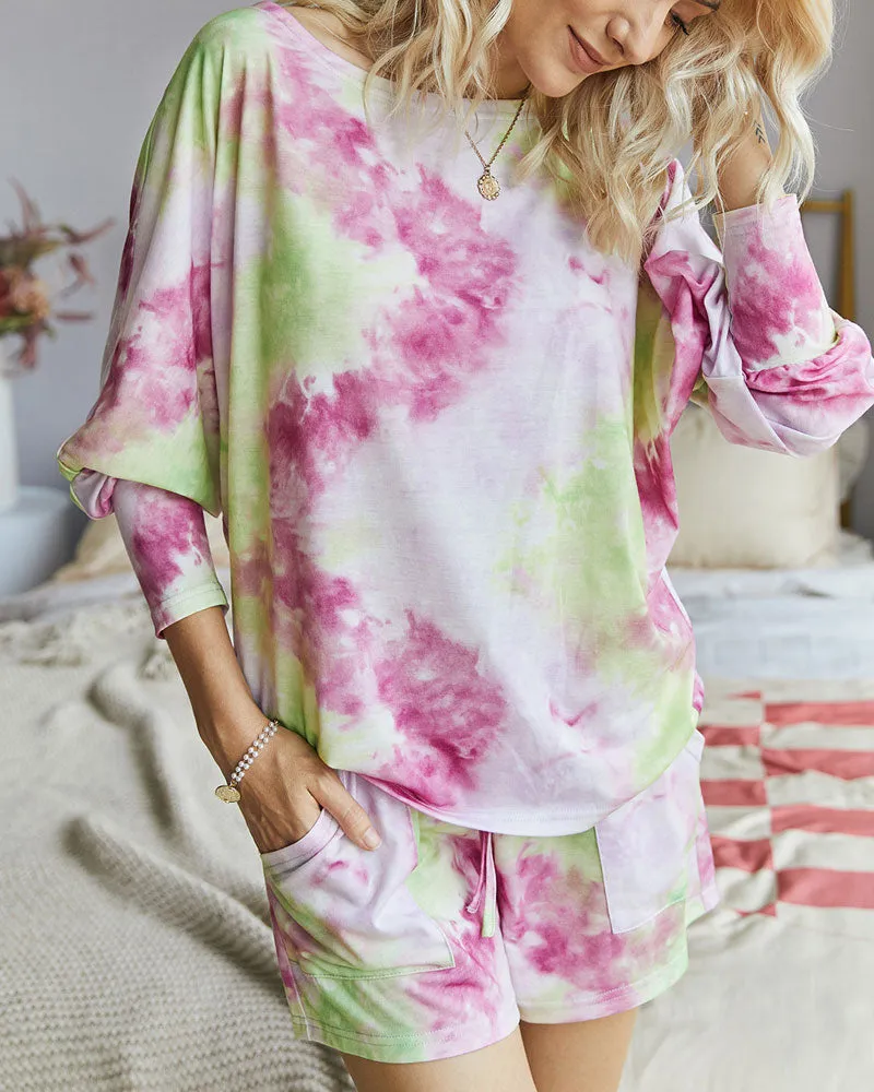 Tie-dye Lace-up Casual Loungewear Two-piece Set