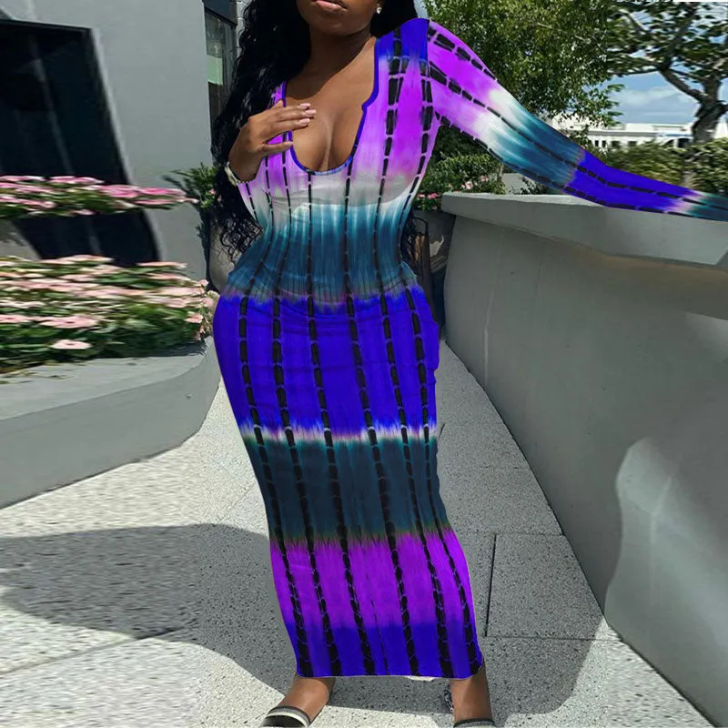 Tie Dye Print Deep V-Neck Maxi Dress
