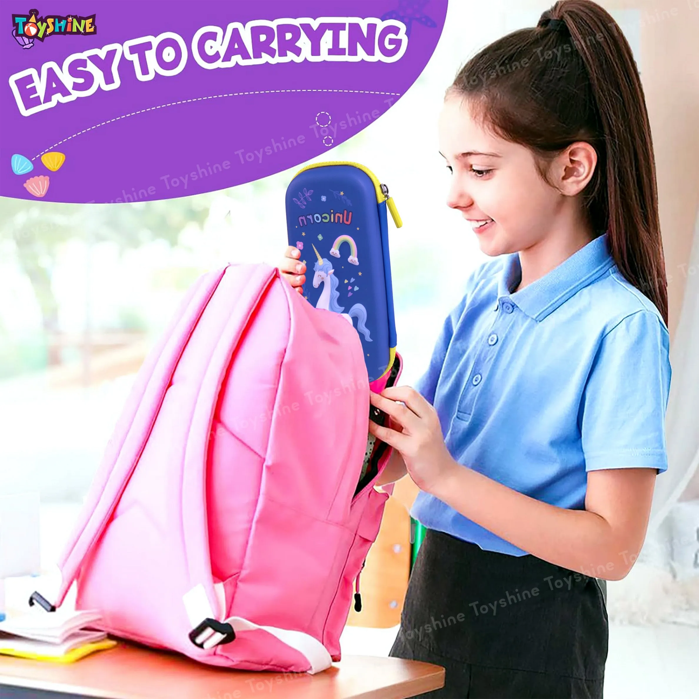 Toyshine 3D EVA Unicorn Pencil Pouch Large Capacity Pencil Pen Organizer Box Pouch Bag with Compartment Student Stationery Box for Age 3  (Blue)