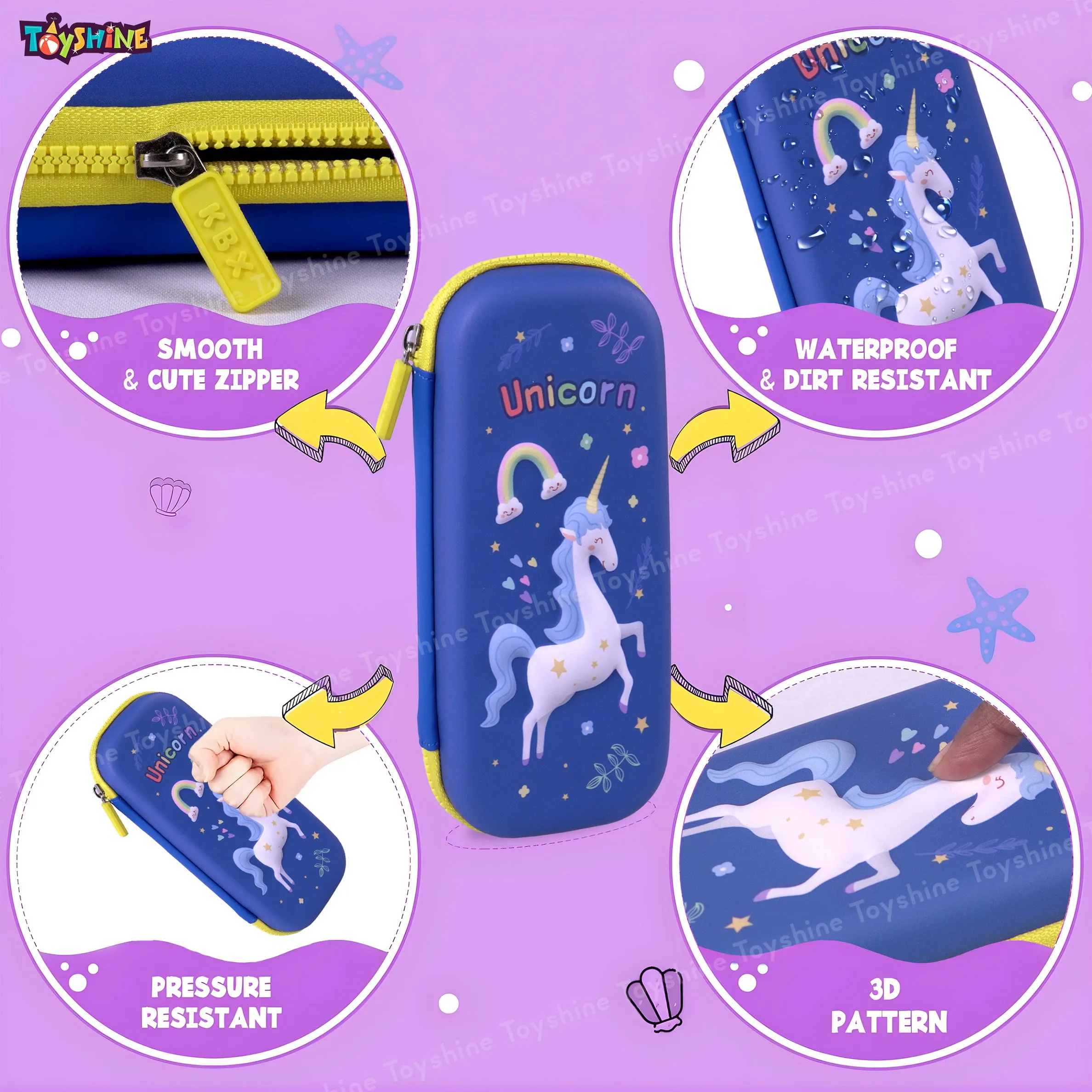 Toyshine 3D EVA Unicorn Pencil Pouch Large Capacity Pencil Pen Organizer Box Pouch Bag with Compartment Student Stationery Box for Age 3  (Blue)