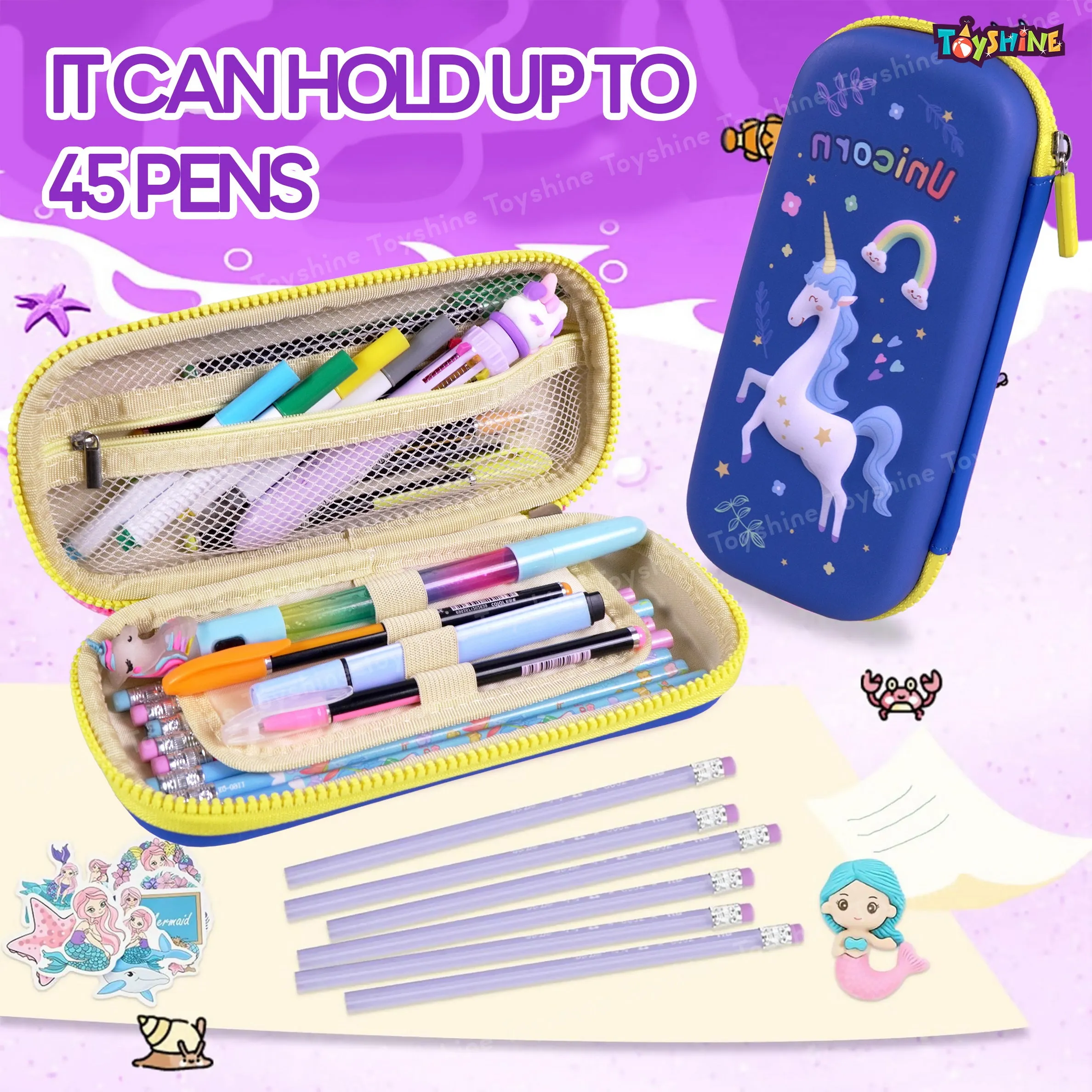 Toyshine 3D EVA Unicorn Pencil Pouch Large Capacity Pencil Pen Organizer Box Pouch Bag with Compartment Student Stationery Box for Age 3  (Blue)