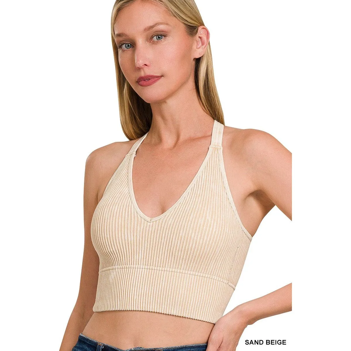 V Neck Washed rib Seamless Bra Padded Tank Top