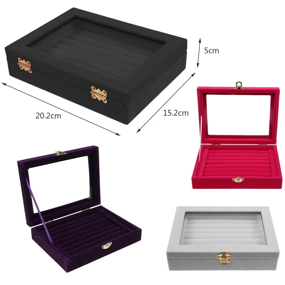 Velvet Glass Jewelry Ring Display Organizer Case Tray Holder Earring Storage Box