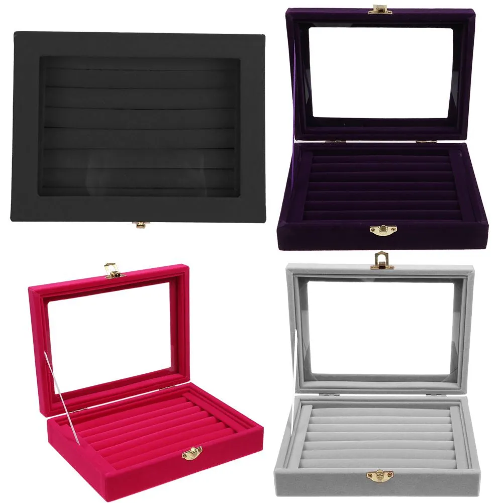 Velvet Glass Jewelry Ring Display Organizer Case Tray Holder Earring Storage Box