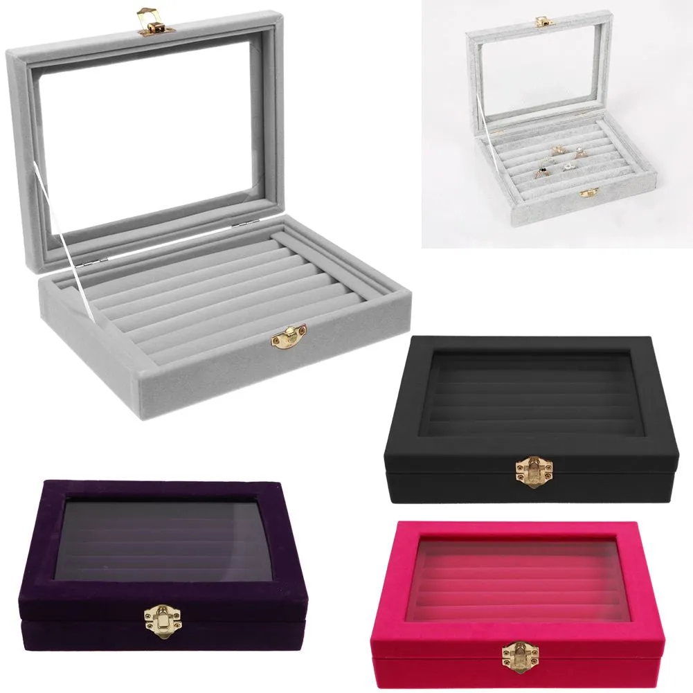 Velvet Glass Jewelry Ring Display Organizer Case Tray Holder Earring Storage Box