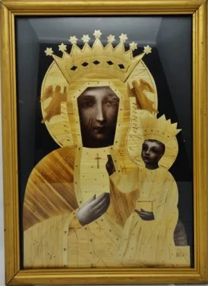Vintage Palm Art Straw Madonna Icon