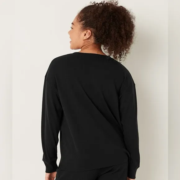 Vs Victorias Secret Pink Thermal Long Sleeve Sleep Shirt Top Pajama Pure Black L