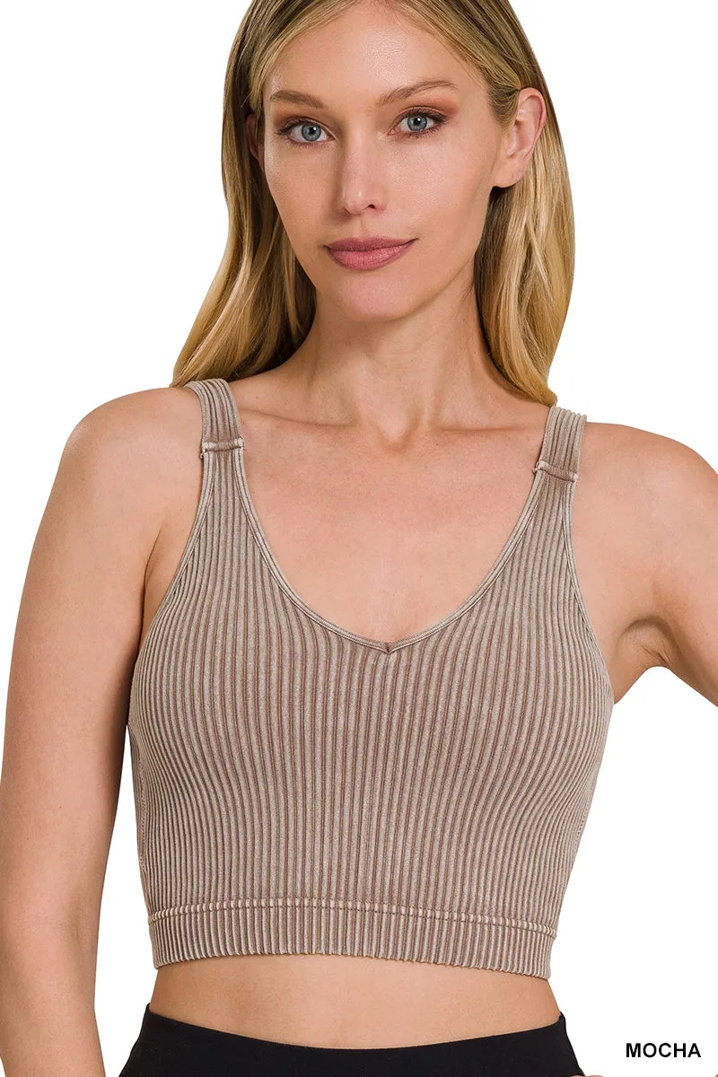Washed ribbed cropped seamless bra padded tank top Zenana