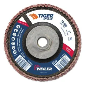 Weiler® Tiger Angled Flap Disc, 5 in Dia, 60 Grit, 5/8 in-11 Arbor, 12000 rpm, 51322