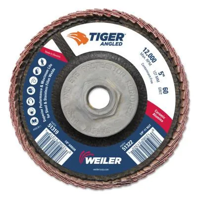 Weiler® Tiger Angled Flap Disc, 5 in Dia, 60 Grit, 5/8 in-11 Arbor, 12000 rpm, 51322