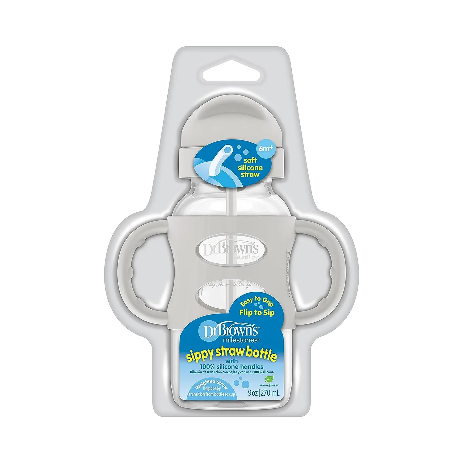 Wide-Neck Sippy Straw Bottle with Handles, 270mL, Gray, 6m 