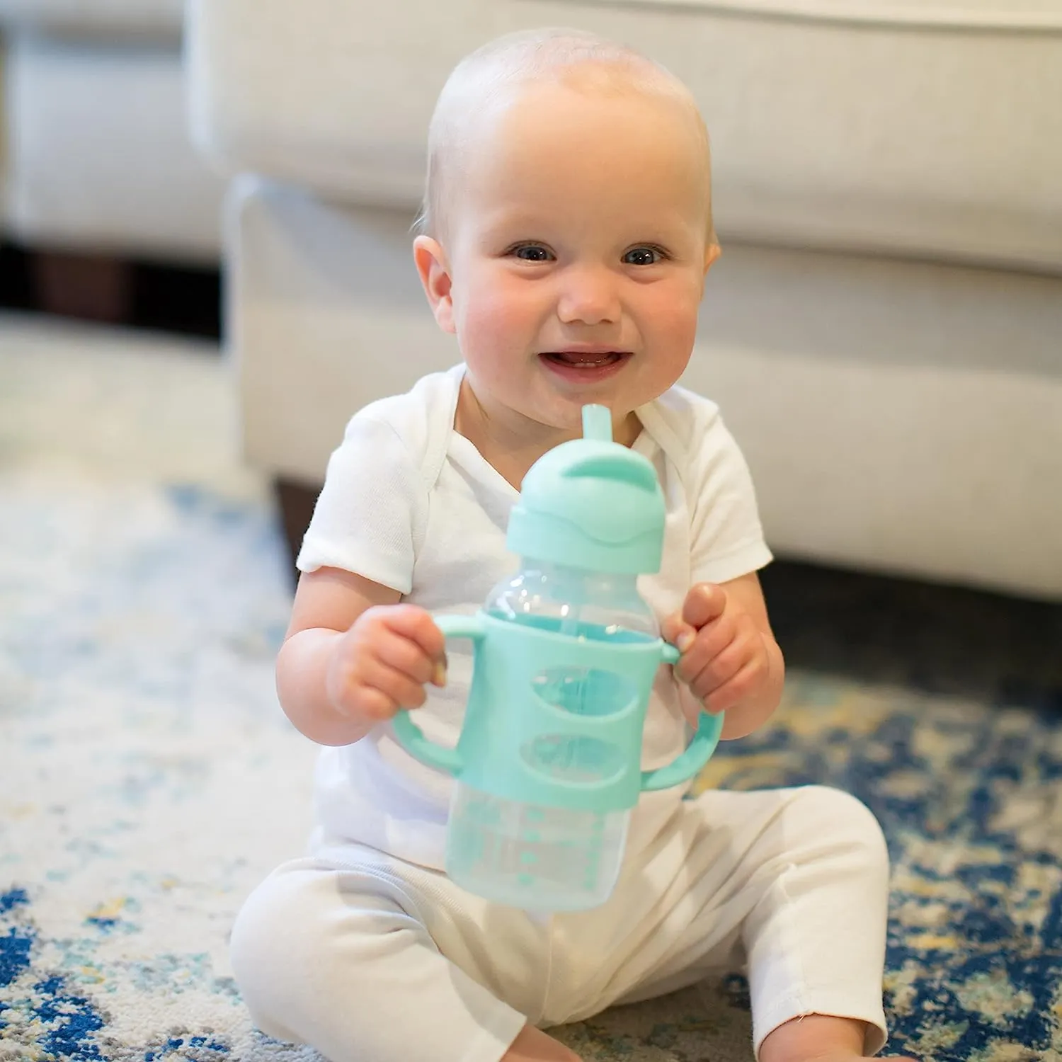 Wide-Neck Sippy Straw Bottle with Handles, 270mL, Gray, 6m 