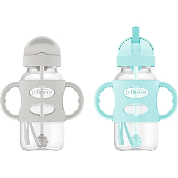 Wide-Neck Sippy Straw Bottle with Handles, 270mL, Gray, 6m 