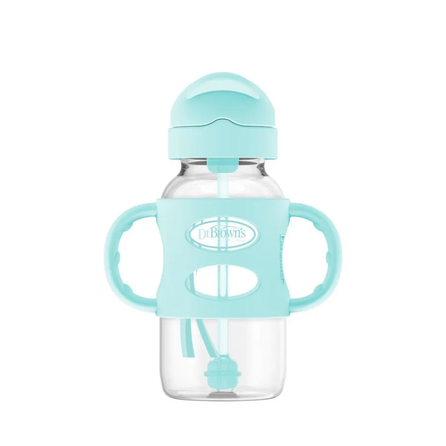 Wide-Neck Sippy Straw Bottle with Handles, 270mL, Gray, 6m 