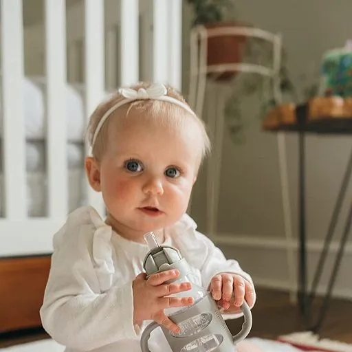 Wide-Neck Sippy Straw Bottle with Handles, 270mL, Gray, 6m 