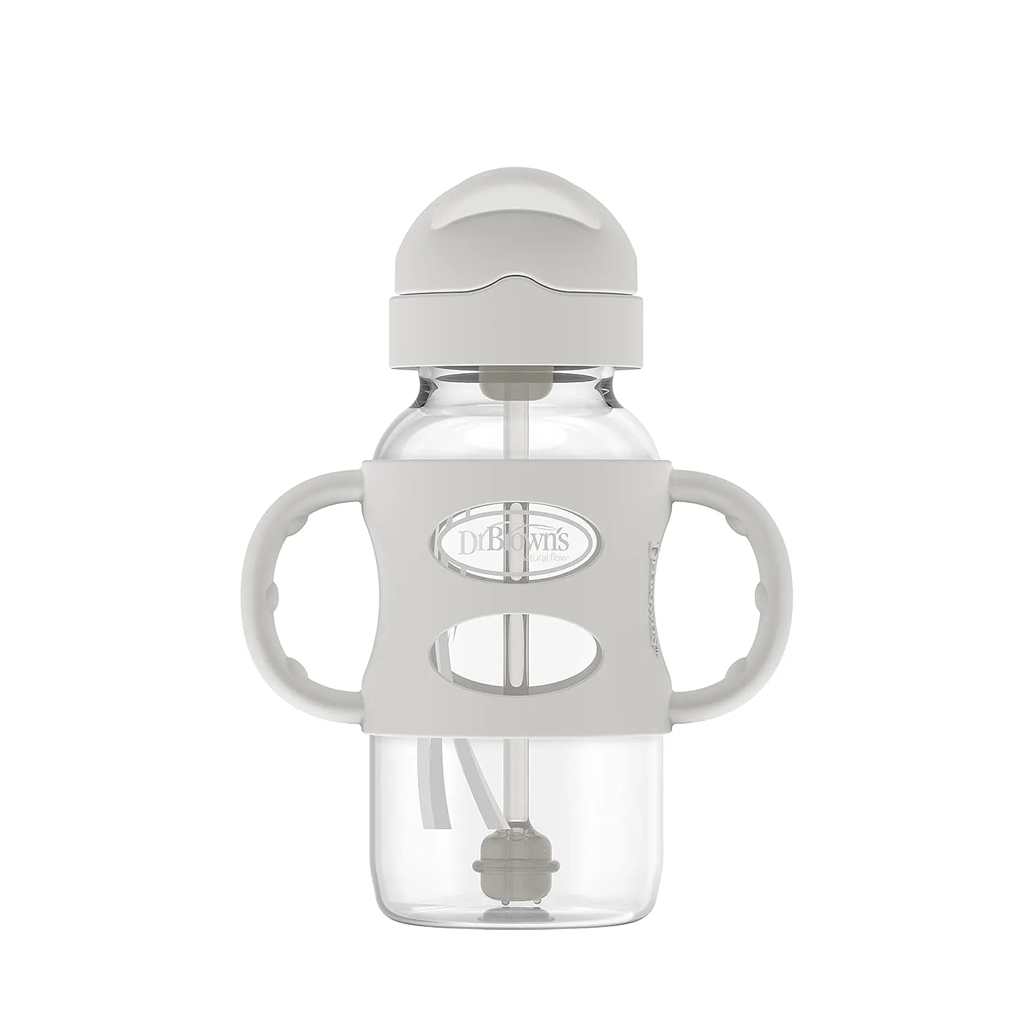 Wide-Neck Sippy Straw Bottle with Handles, 270mL, Gray, 6m 