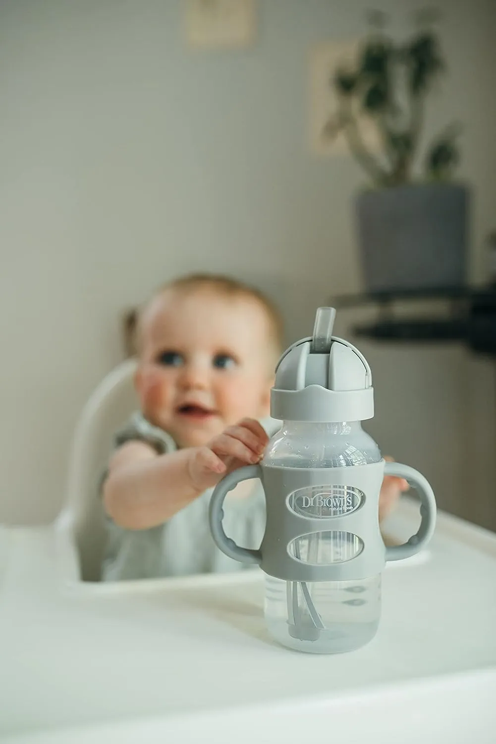 Wide-Neck Sippy Straw Bottle with Handles, 270mL, Gray, 6m 