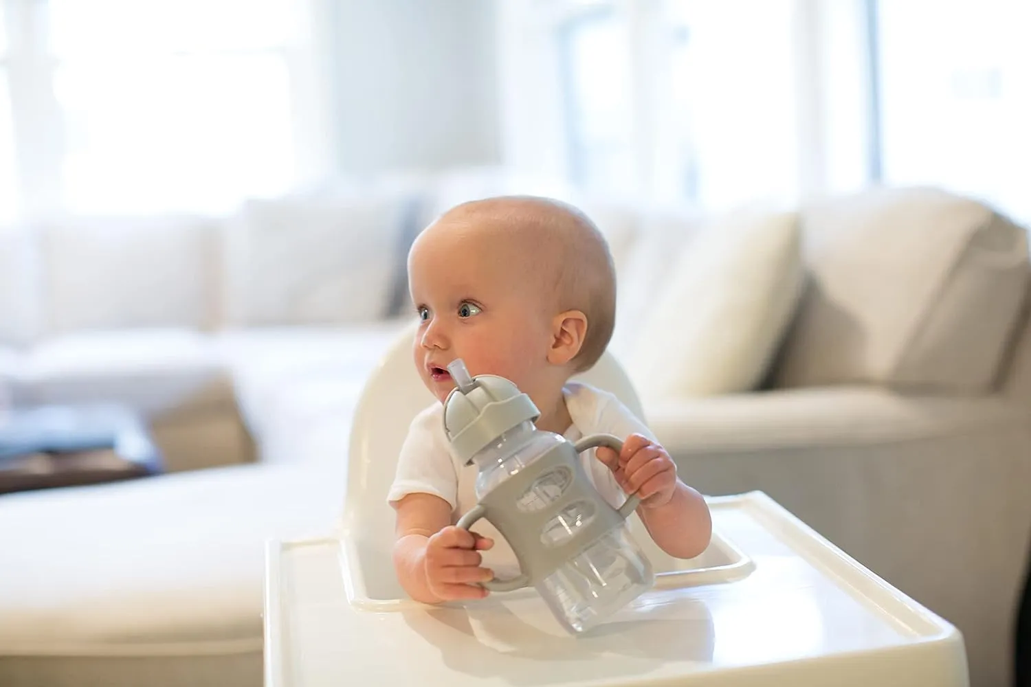 Wide-Neck Sippy Straw Bottle with Handles, 270mL, Gray, 6m 
