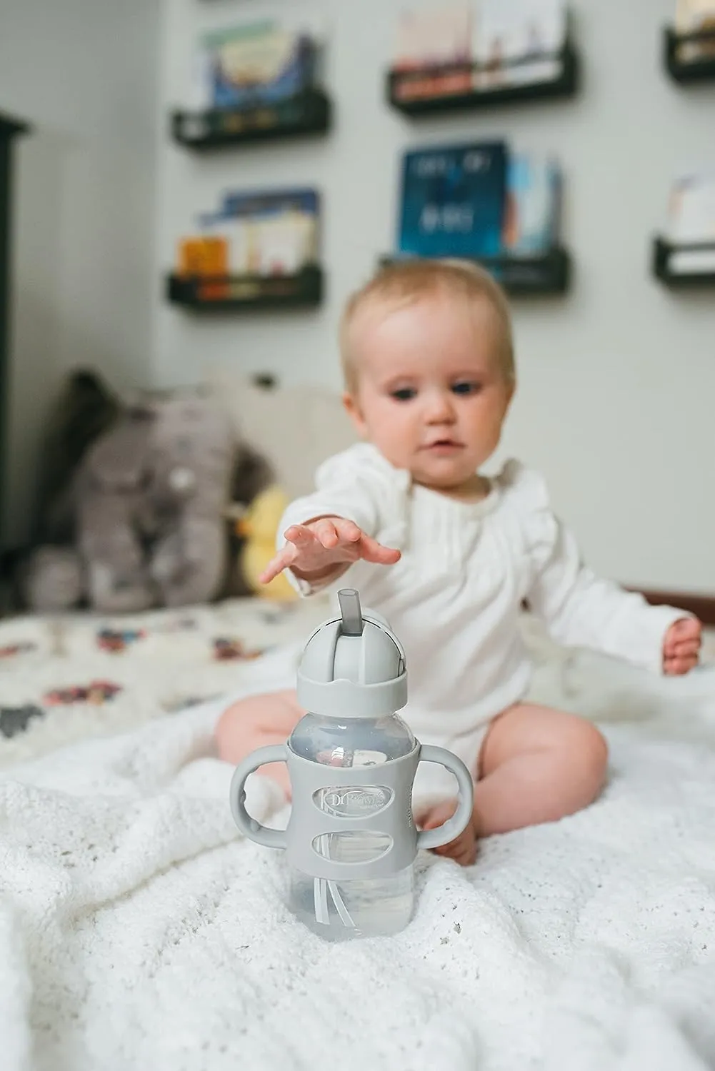 Wide-Neck Sippy Straw Bottle with Handles, 270mL, Gray, 6m 