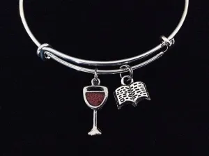 Wine and a Good Book Expandable Charm Bracelet Adjustable Bangle Women's Birthday Gift Book Club One Size Fits All Gift