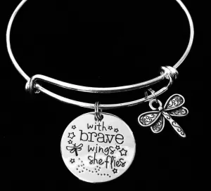 With Brave Wings She Flies Expandable Charm Bracelet Silver Adjustable Bangle One Size Fits All Gift