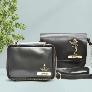 Women's Combo : Mini Makeup Kit  & Chained Sling bag - Black