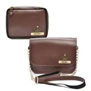 Women's Combo : Mini Makeup Kit & Chained Sling Bag (Brown)