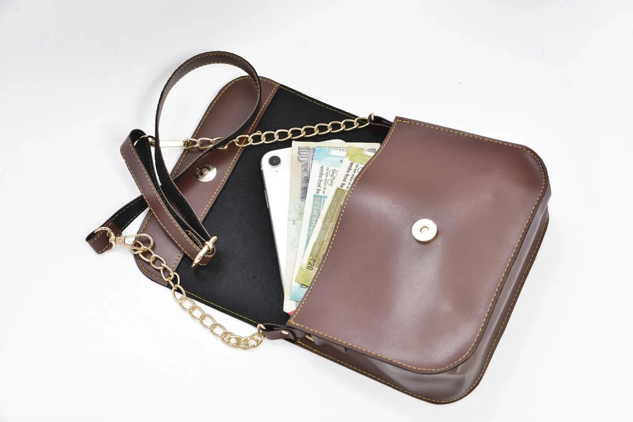 Women's Combo : Mini Makeup Kit & Chained Sling Bag (Brown)