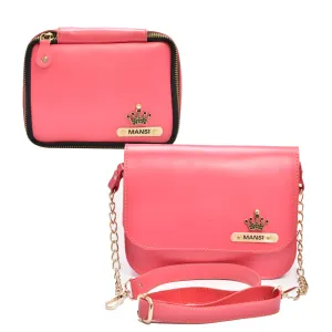 Women's Combo : Mini Makeup Kit  & Chained Sling bag - Pink