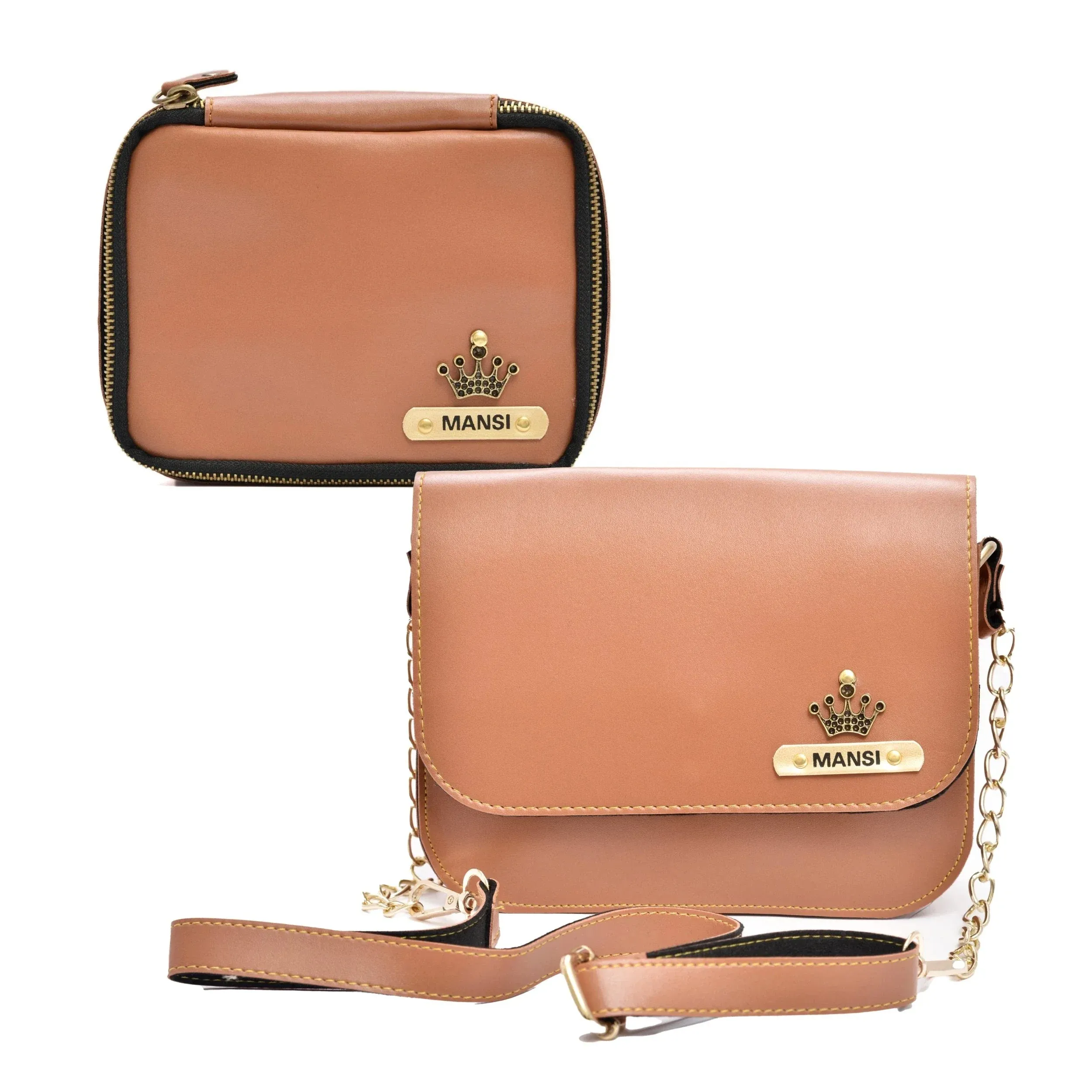 Women's Combo : Mini Makeup Kit & Chained Sling Bag (Tan)