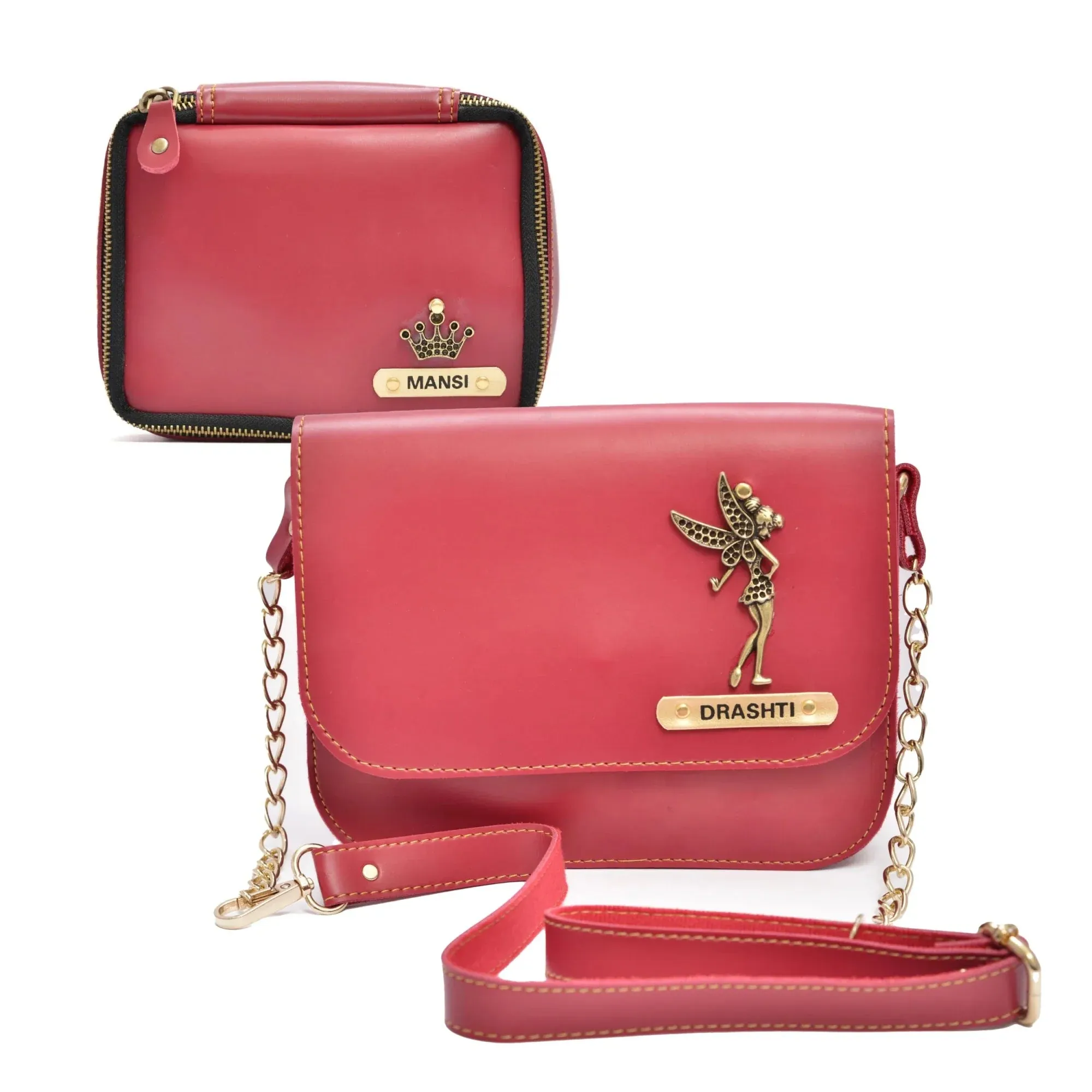 Women's Combo : Mini Makeup Kit & Chained Sling Bag (Wine)