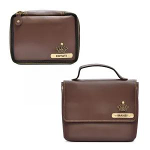 Women's Combo : Mini Makeup Kit & Sling Bag (Brown)