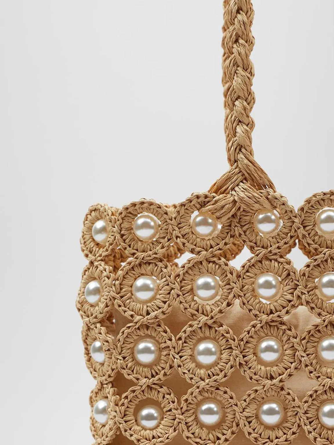 Women's Summer Beaded Bag Straw Braided Bag Open-top Bucket Handbag Tote Bag Pearls Embellishment