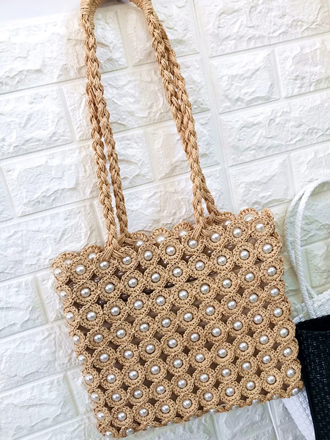 Women's Summer Beaded Bag Straw Braided Bag Open-top Bucket Handbag Tote Bag Pearls Embellishment