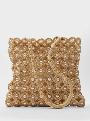 Women's Summer Beaded Bag Straw Braided Bag Open-top Bucket Handbag Tote Bag Pearls Embellishment