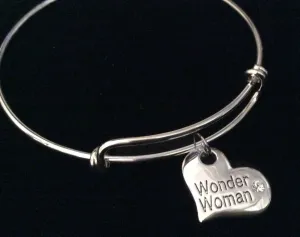 Wonder Woman Heart Silver Expandable Charm Bracelet Adjustable Wire Bangle Gift