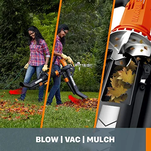 WORX WG509 TRIVAC 12 Amp 3-In-1 Electric Blower/Mulcher/Vacuum with Multi-Stage All Metal Mulching System, Black