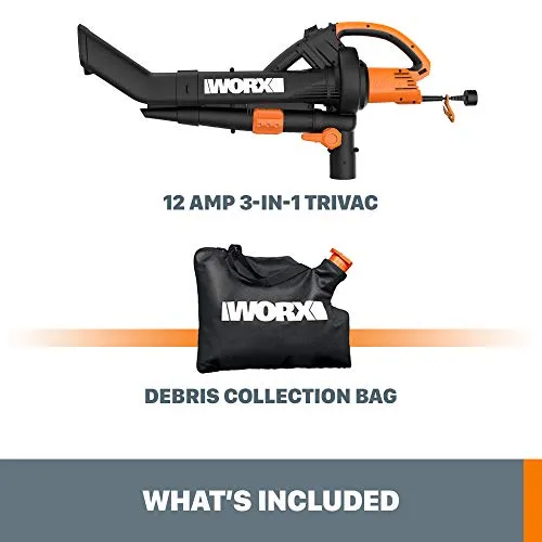 WORX WG509 TRIVAC 12 Amp 3-In-1 Electric Blower/Mulcher/Vacuum with Multi-Stage All Metal Mulching System, Black
